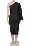 Schwarzes, elegantes, solides Patchwork-One-Shoulder-Kleid in A-Linie in Übergröße