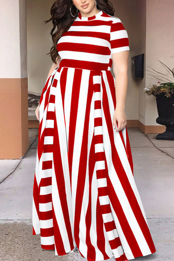 Red Sexy Striped Patchwork O Neck Plus Size 