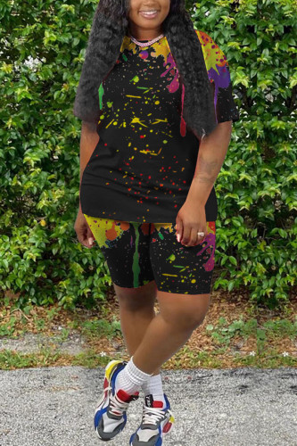 Black Sportswear Print O Neck Short Sleeve Two Pieces