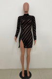 Black Fashion Sexy Solid See-through coltrui rits lange mouw jurken