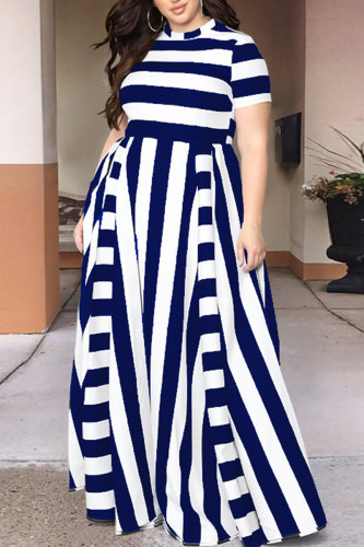 Tibetan Blue Sexy Striped Patchwork O Neck Plus Size 