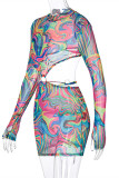 Farbe Mode Sexy Print Ausgehöhlte O-Ausschnitt Langarm-Kleider