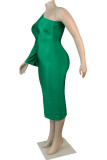 Grünes, elegantes, solides Patchwork-One-Shoulder-Kleid in A-Linie in Übergröße