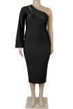 Schwarzes, elegantes, solides Patchwork-One-Shoulder-Kleid in A-Linie in Übergröße