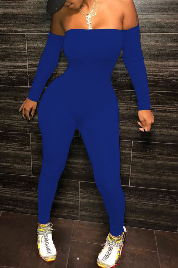 Blå sexigt tryck axelbandslösa vanliga jumpsuits
