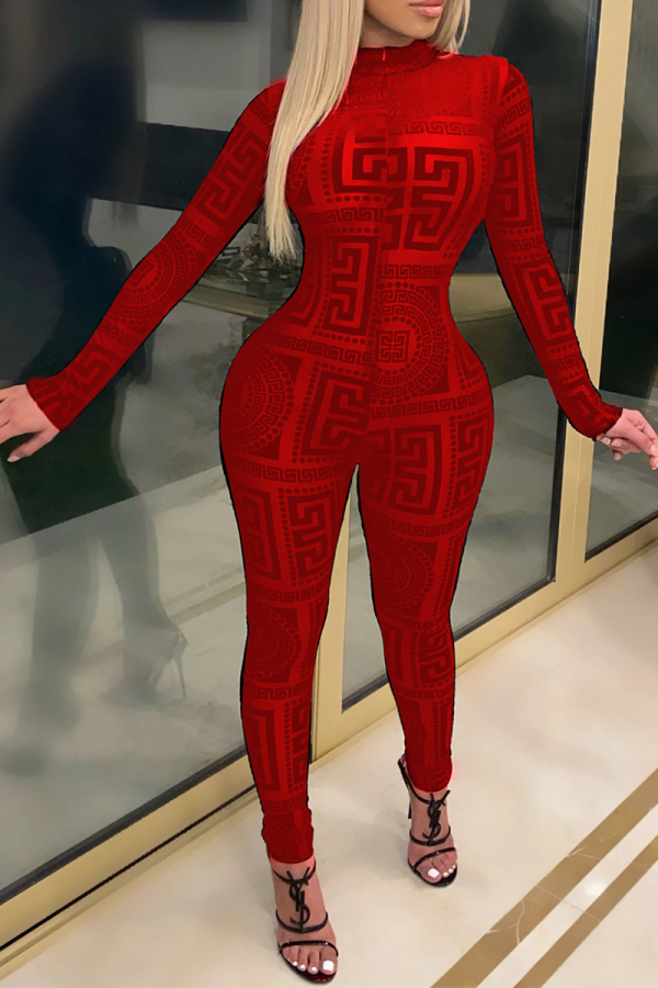 Roter, sexy, bedruckter, halber Rollkragen-Skinny-Jumpsuit im Patchwork-Stil