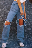 Jeans regolari a vita alta strappati casual alla moda blu