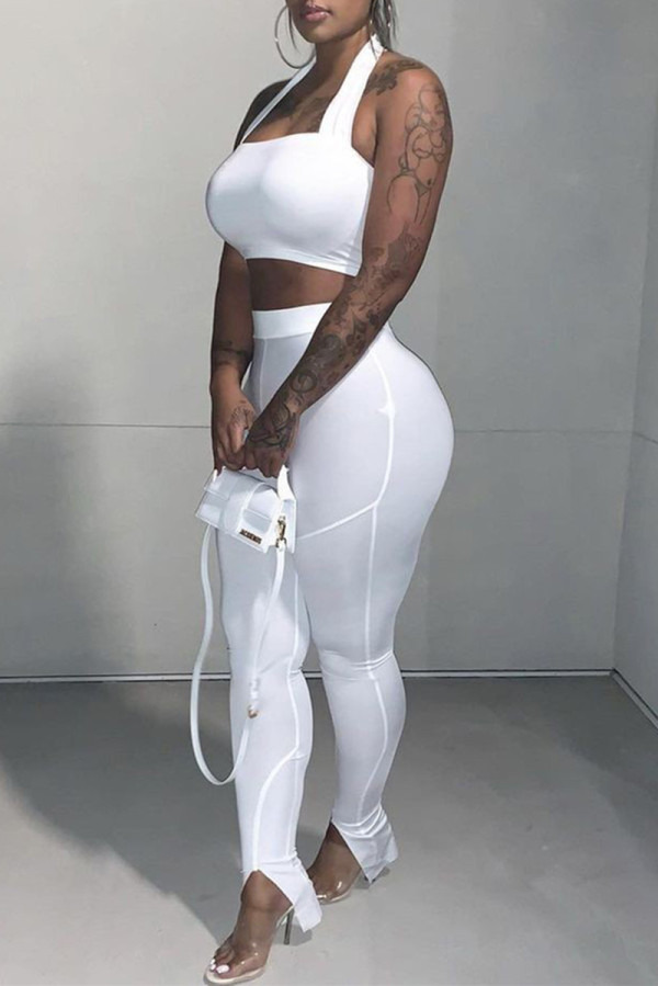 Blanco sexy casual sólido sin espalda halter sin mangas dos piezas