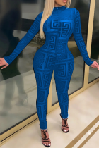 Blauwe sexy print patchwork halve col skinny jumpsuits