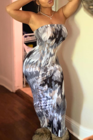 Grey Sexy Print Split Joint Strapless Pencil Skirt Dresses