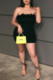 Black Fashion Sexy Plus Size Solid Patchwork Backless Spaghetti Strap Sling Dress