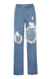 Jeans regular azul fashion casual sólido rasgado cintura alta