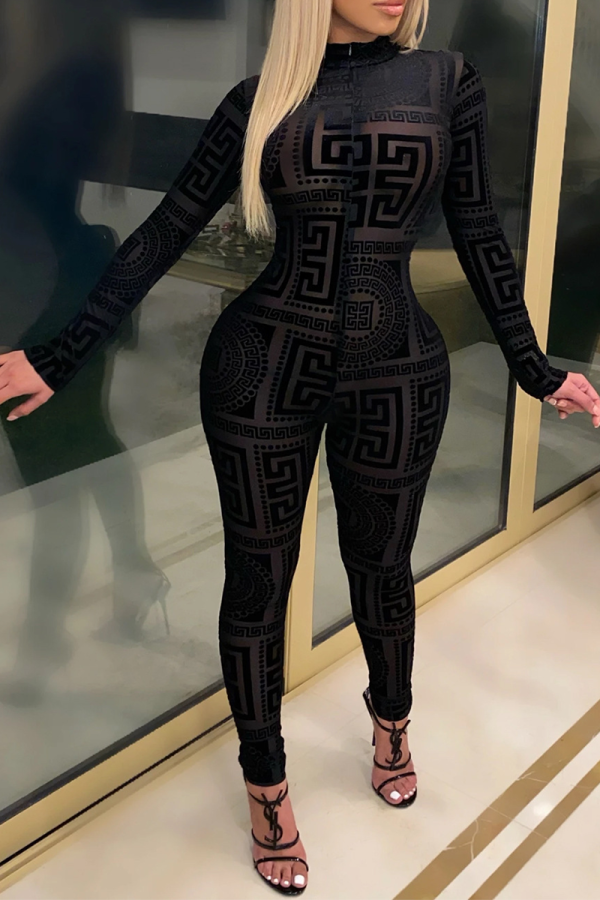 Zwarte sexy print patchwork halve coltrui magere jumpsuits