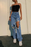 Jeans regular azul fashion casual sólido rasgado cintura alta