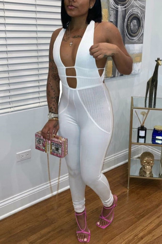 White Sexy Solid Patchwork V Neck Regular Jumpsuits
