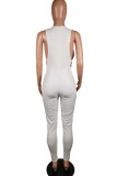 White Sexy Solid Patchwork V Neck Regular Jumpsuits