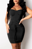 Black Fashion Sexy Solid Backless Fold Square Collar Sling Dress