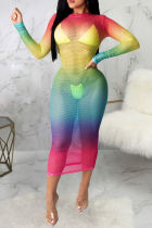 Multicolor Rainbow Sexy Patchwork Mesh O Neck Pencil Skirt Bodycon Midi Dress