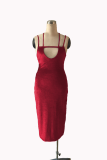 赤のセクシーなソリッドパッチワークスパゲッティストラップペンシルスカートドレス