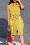 ディープブルーファッションカジュアルソリッドベーシックターンダウンカラーデニムドレス