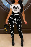 Black Casual Letter Print Patchwork O Neck Short Sleeve Two Pieces