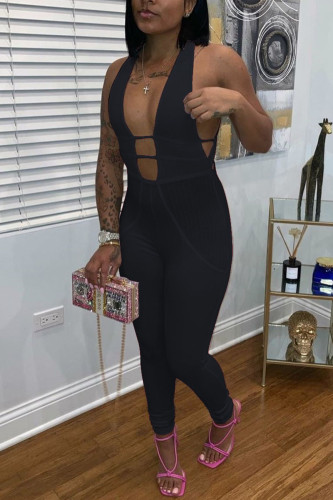 Black Sexy Solid Patchwork V Neck Regular Jumpsuits