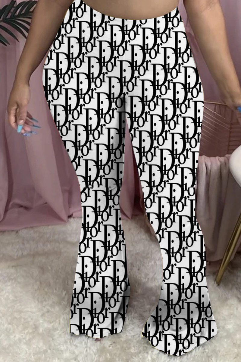 

Black White Casual Print Patchwork Boot Cut Mid Waist Speaker Full Print Bottoms
