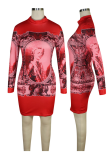 Robes de jupe crayon à col roulé et patchwork imprimé sexy rouge