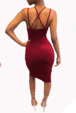 Red Sexy Solid Patchwork Spaghetti Strap Pencil Skirt Dresses