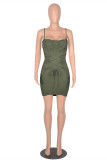 Army Green Fashion Sexy Solid Backless Fold Square Collar Sling Dress