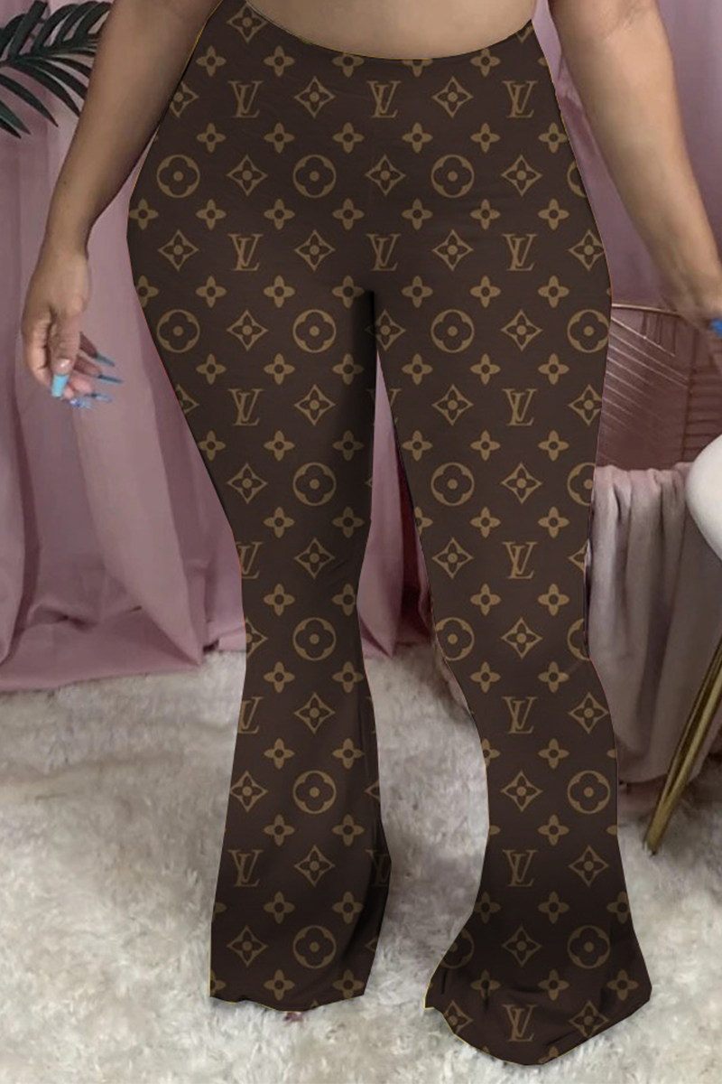 

Khaki Casual Print Patchwork Boot Cut Mid Waist Speaker Full Print Bottoms