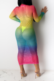 Flerfärgad sexig lapptäcke Mesh O-hals pennkjol klänningar