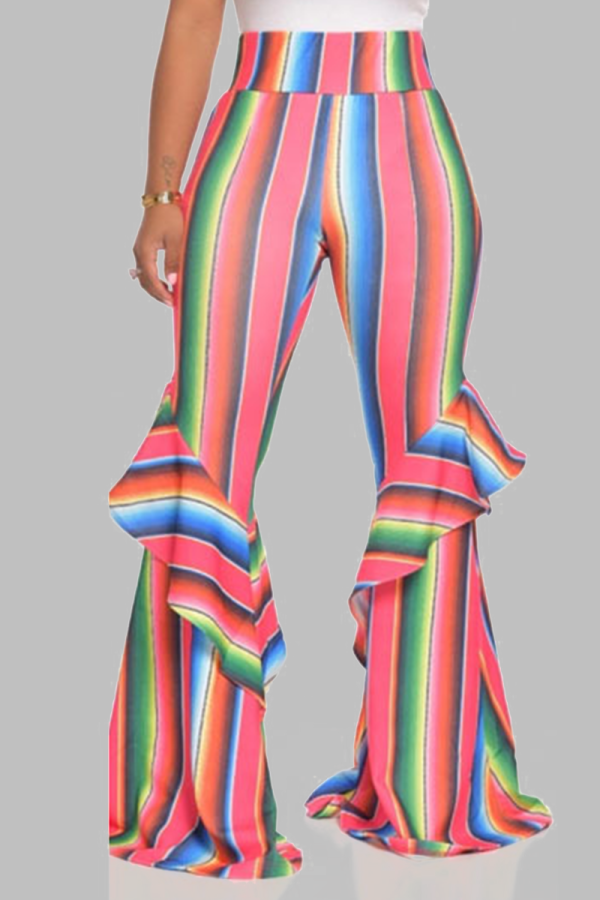 Pantalones de retazos de rayas de calle multicolor con corte de bota de cintura alta con altavoz