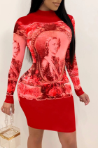Vestidos de falda de lápiz de cuello alto de patchwork con estampado sexy rojo