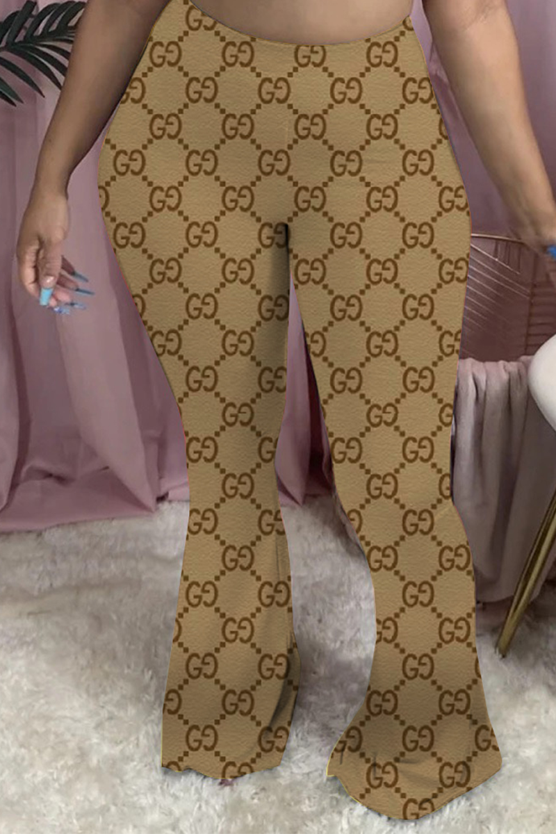 

Deep Coffee Casual Print Patchwork Boot Cut Mid Waist Speaker Full Print Bottoms