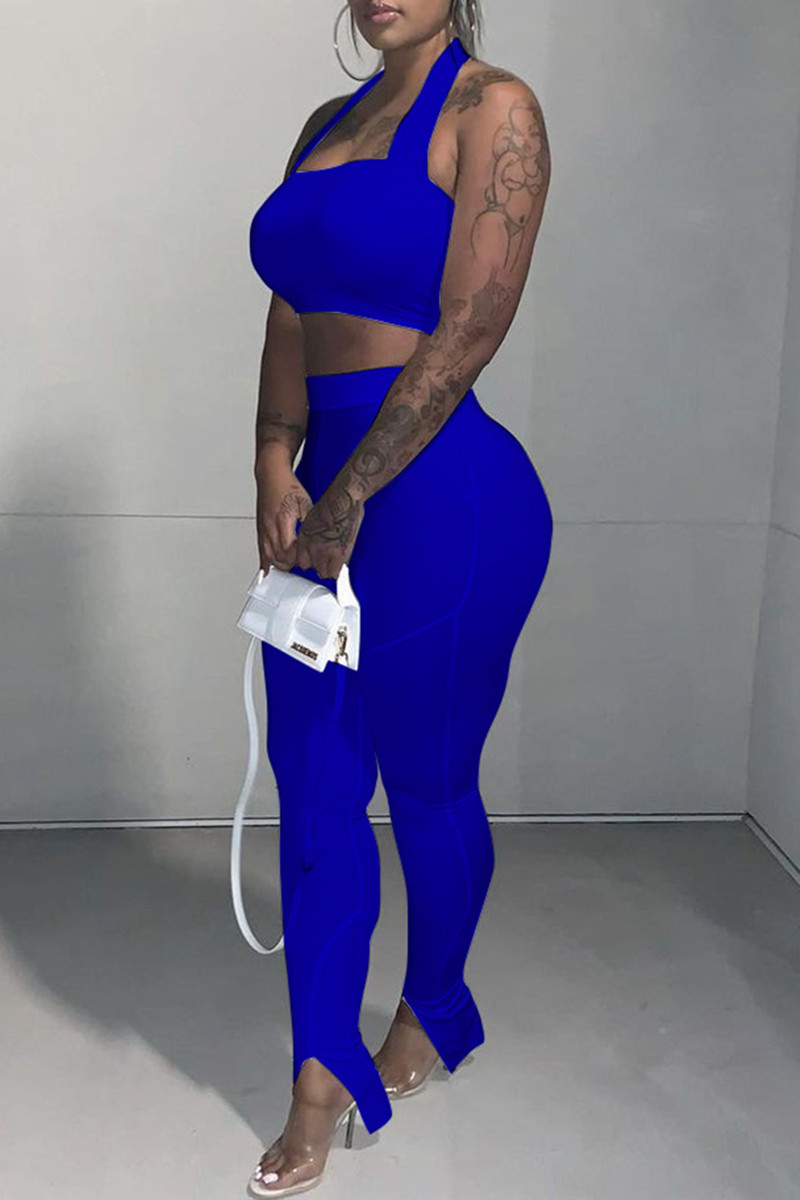 

Royal Blue Sexy Casual Solid Backless Halter Sleeveless Two Pieces