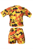 Yellow Fashion Casual Camouflage Print Basic O Neck Short Sleeve Two Pieces