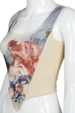 Beige Sexy Print Patchwork Square Collar Tops