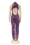 Purple Fashion Sexy Print See-through Backless Turtleneck Sleeveless Dress
