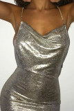 ゴールド ファッション セクシー ソリッド バックレス スパゲッティ ストラップ スリング ドレス