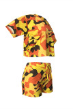 Jaune Fashion Casual Camouflage Print Basic O Neck Short Sleeve Two Pieces