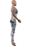 Weiß Sexy Print Patchwork V-Ausschnitt Skinny Jumpsuits