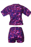 Purple Fashion Casual Camouflage Print Basic O Neck Short Sleeve Two Pieces