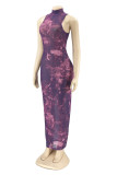 Purple Fashion Sexy Print See-through Backless Turtleneck Sleeveless Dress