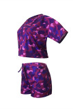 Фиолетовый модный повседневный камуфляжный принт с круглым вырезом и коротким рукавом из двух частей