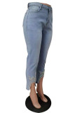 Jeans skinny azul fashion com miçangas e cintura média