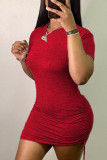 Rote sexy feste Frenulum-Falten-Bleistiftrock-Kleider mit O-Ausschnitt