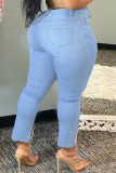 Lichtblauwe modieuze skinny jeans met halfhoge taille en kralen
