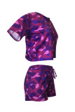 Purple Fashion Casual Camouflage Print Basic O Neck Short Sleeve Two Pieces