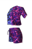 Фиолетовый модный повседневный камуфляжный принт с круглым вырезом и коротким рукавом из двух частей